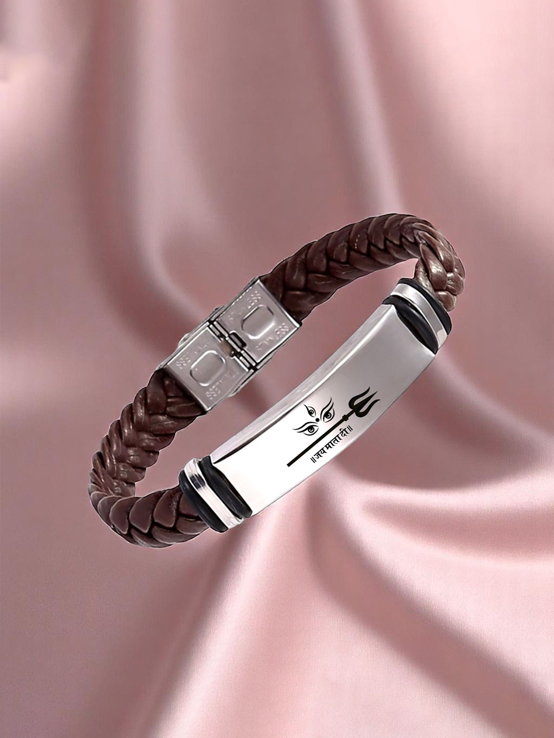 M Men Style Jai Mata Di Printed Stainless Steel & Braided Leather Wraparound Bracelet