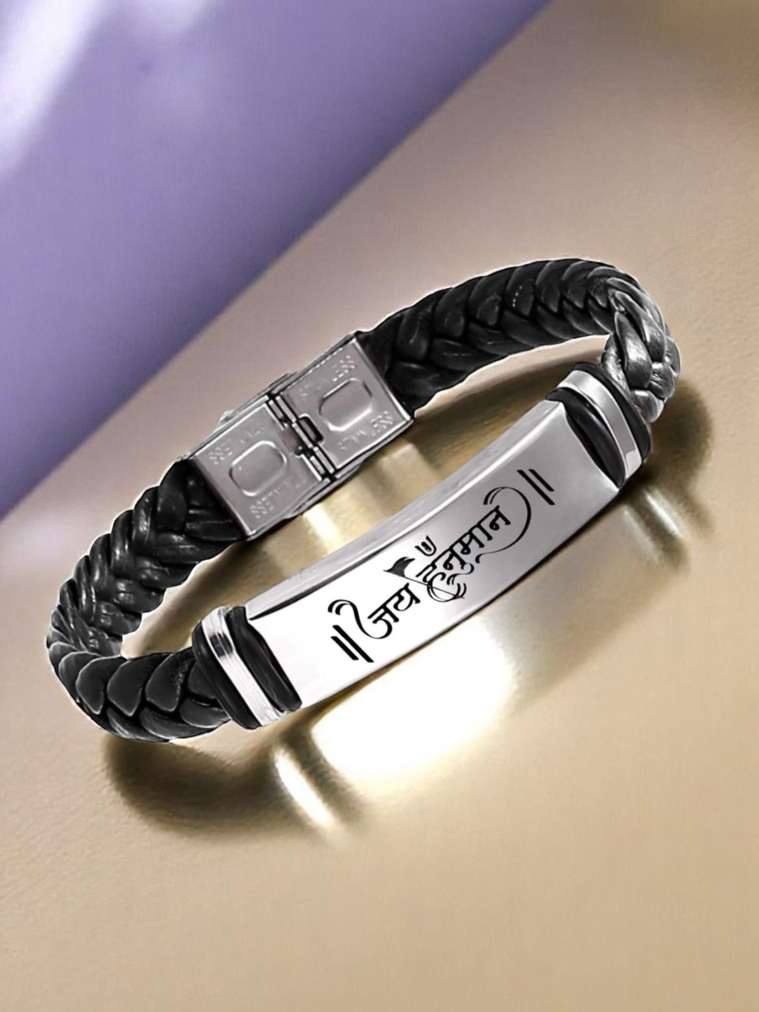 M Men Style Jay Hanumaan Printed Stainless Steel & Braided Leather Wraparound Bracelet