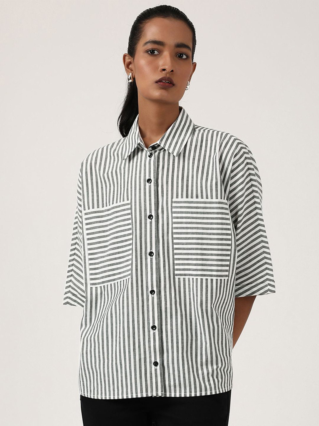 Jolene.club Striped Kimono High-Low Cotton Oversized Formal Shirt