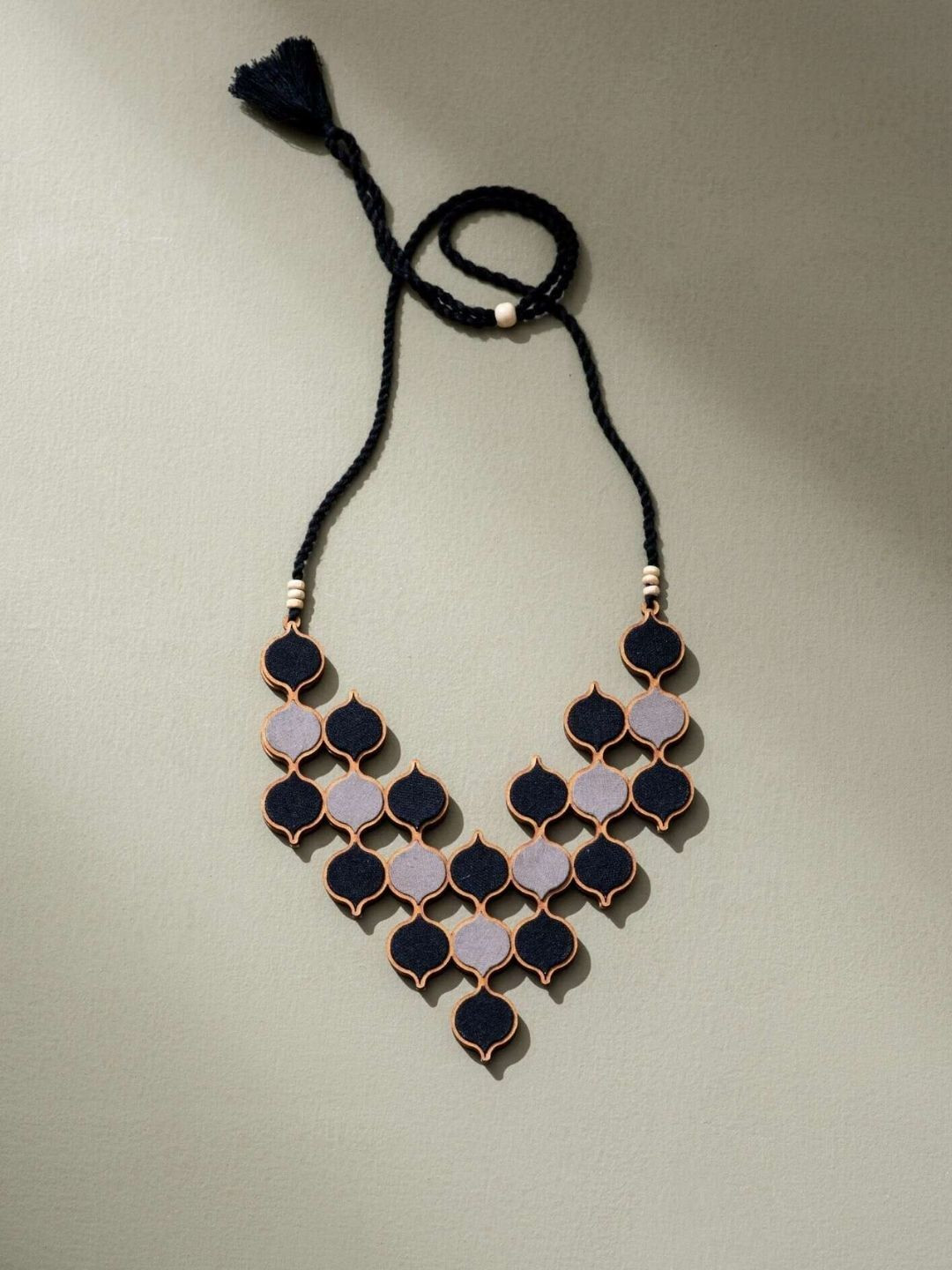 WHE Brass Repurposed Fabric And Wood Statement Necklace with Adjustable Length