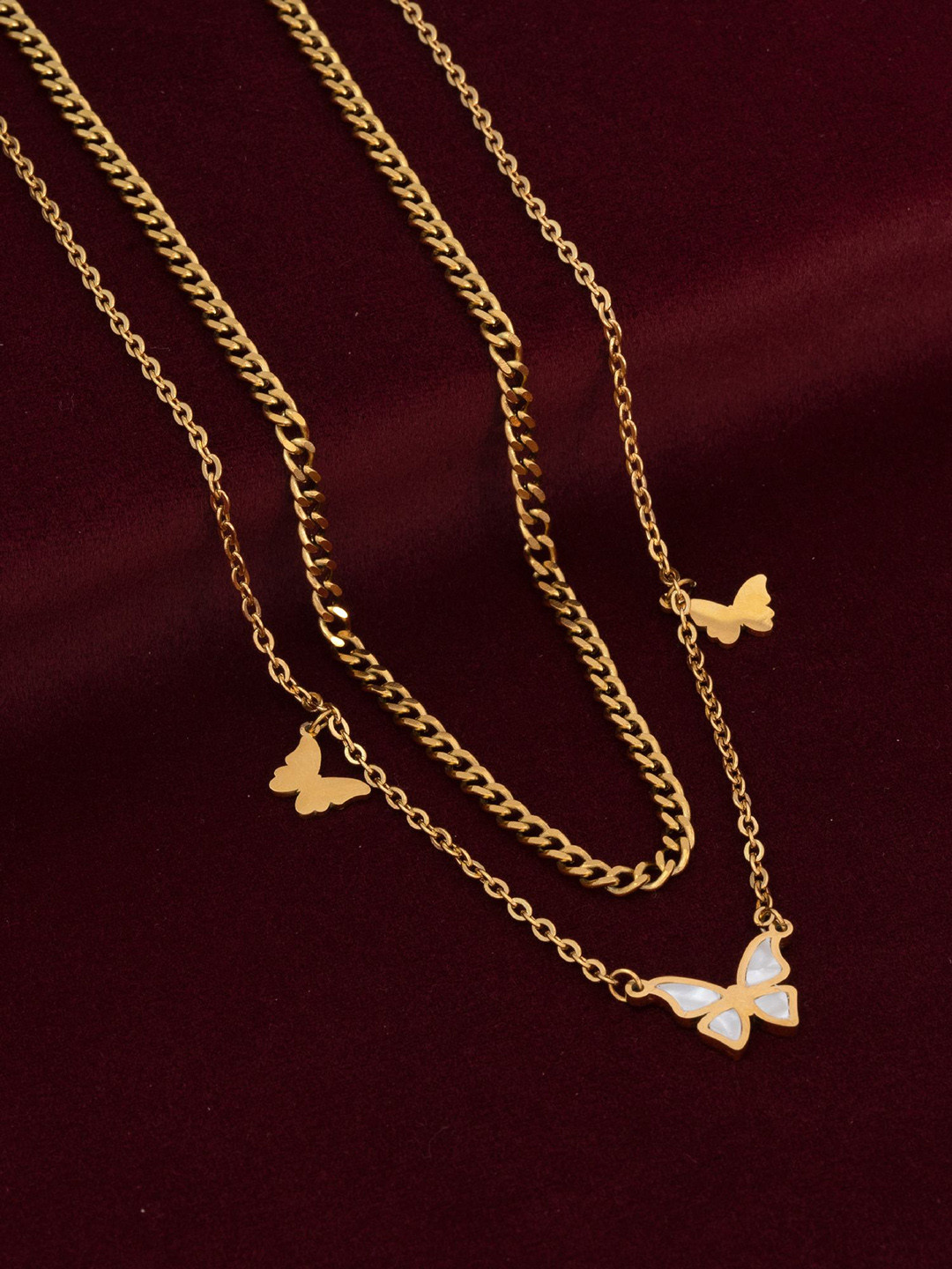 ARTKLIM Stainless Steel Gold-Plated Butterfly Charm Double Layered Necklace