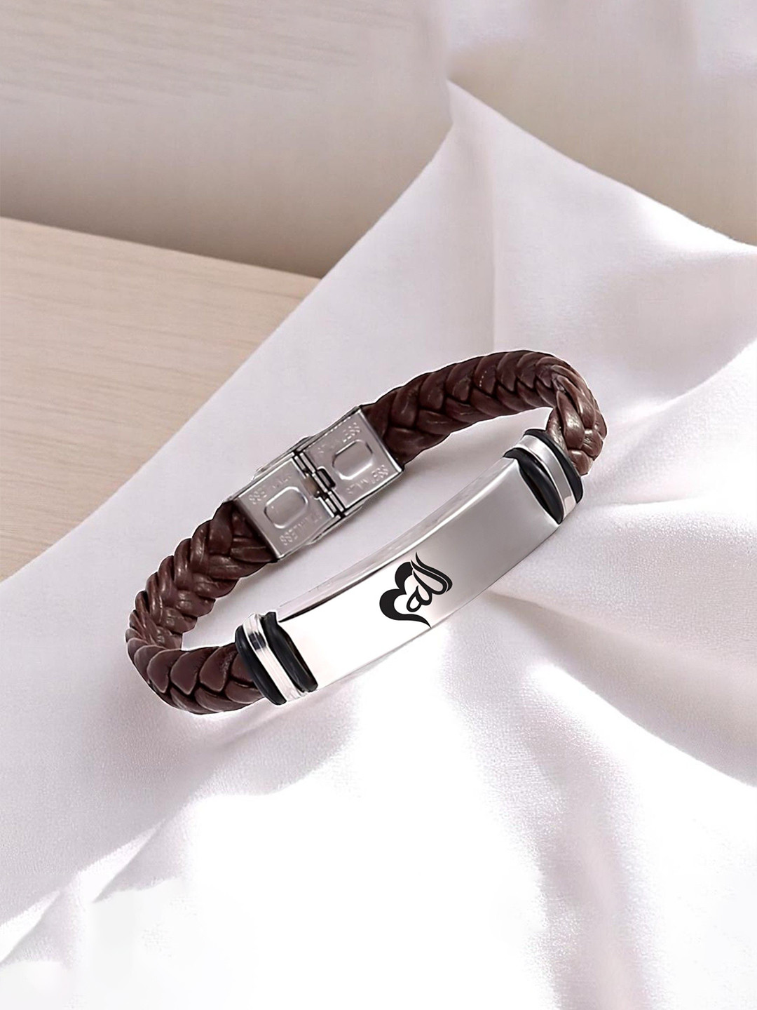 M Men Style Allah Printed Stainless Steel & Braided Leather Wraparound Bracelet