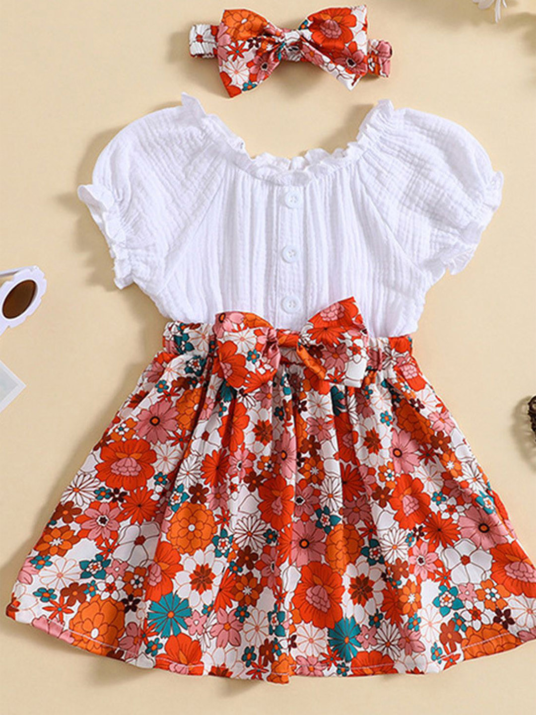 FOREVER FRIDAY Girl Floral Print Bow Round Neck A-Line Dress