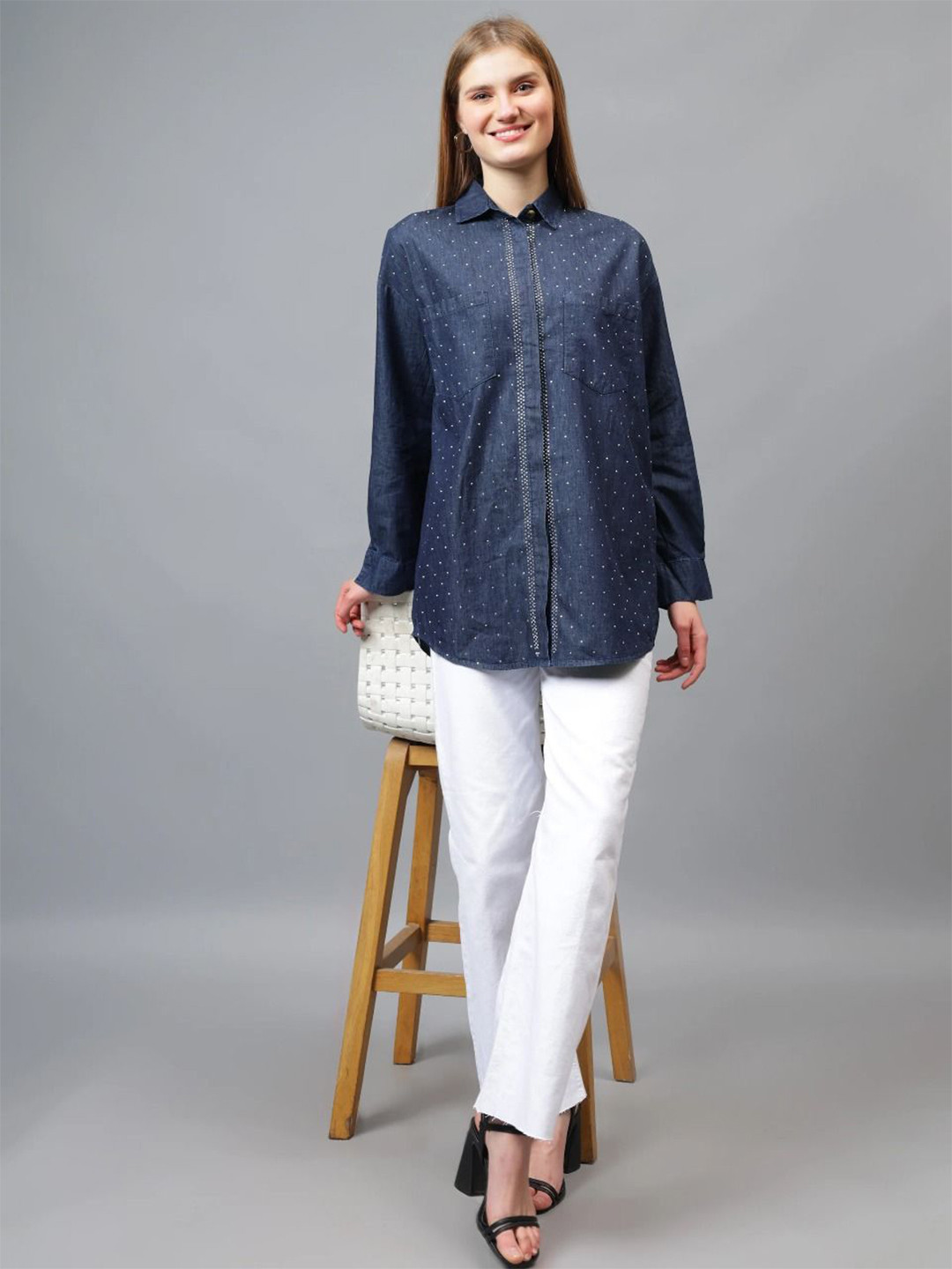 Fashion Gaiia Straight Polka Dots Printed Swaroski Studded Denim Shirt