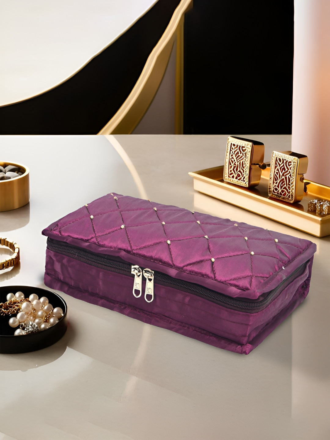 Aura Purple Satin Large Jewellery Kit with 6 Pouche Jewellery Organisers