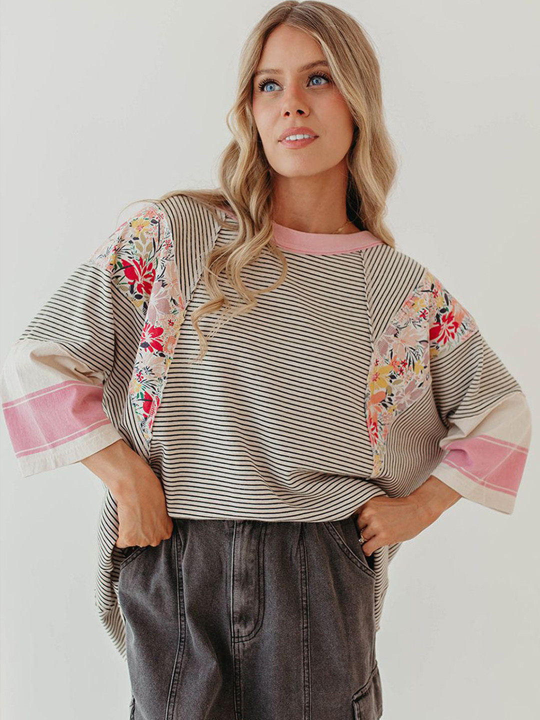 JC Mode Women Horizontal Stripes Flared Sleeves Boxy Longline Top