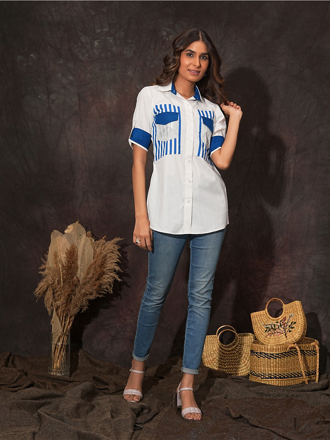 Golden Mirror Striped Denim Casual Shirt