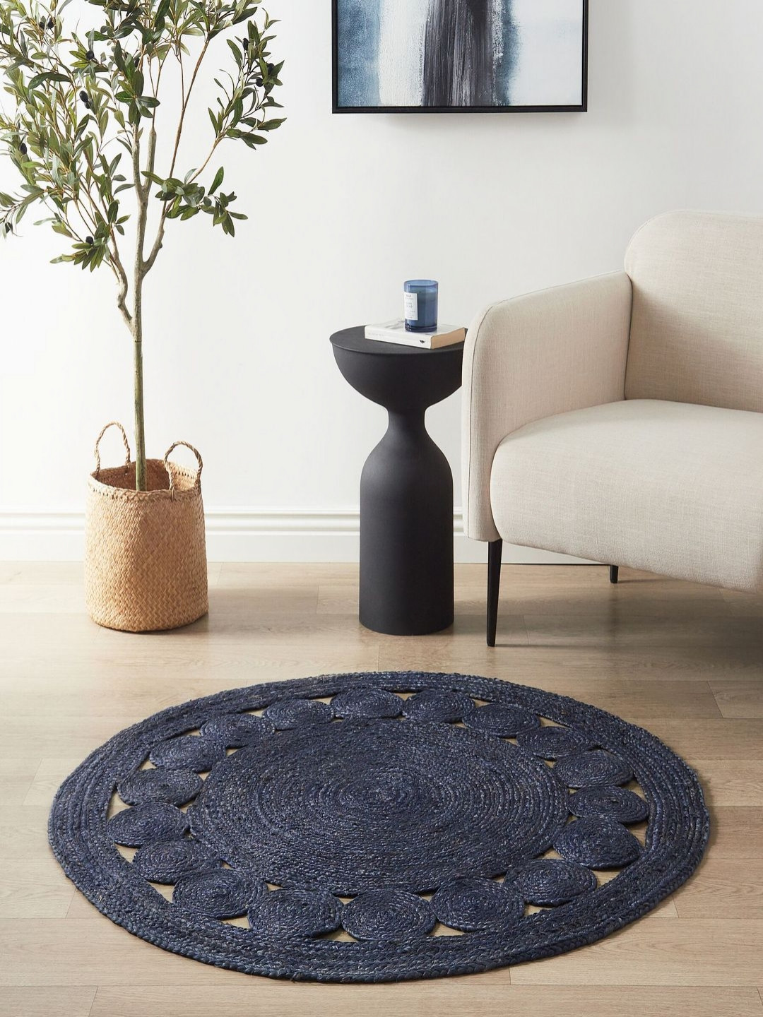 THEGASBH Navy Blue Solid Handmade Hemp Carpet