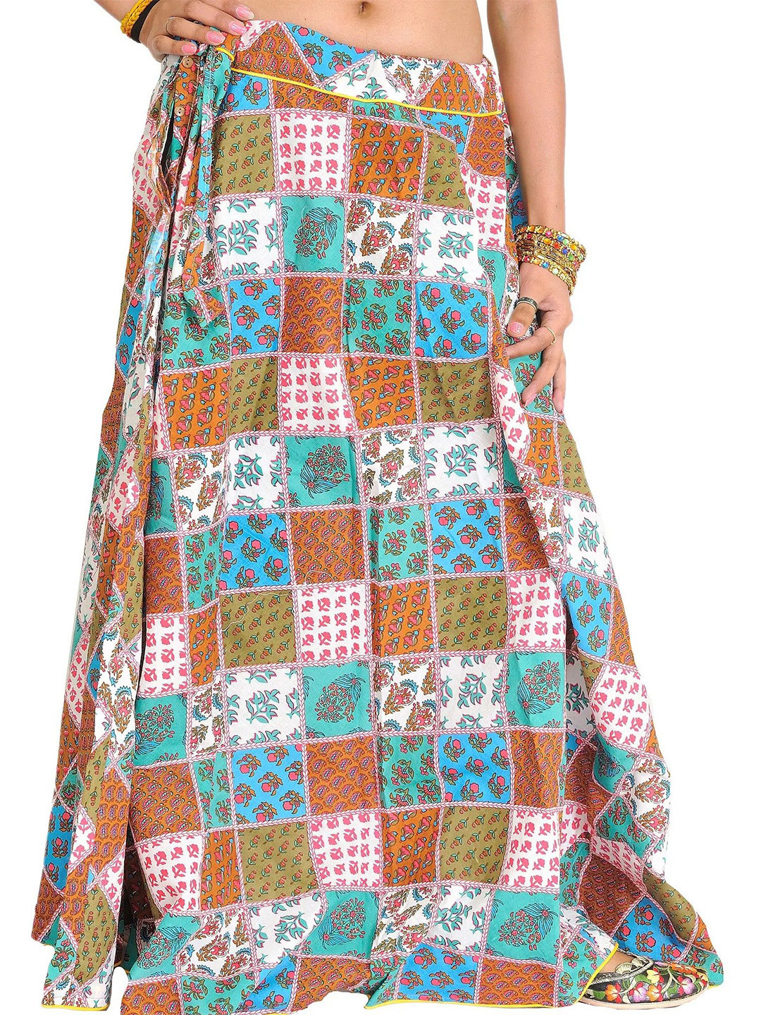 Exotic India Floral Printed Long Patchwork Skirt With Piping