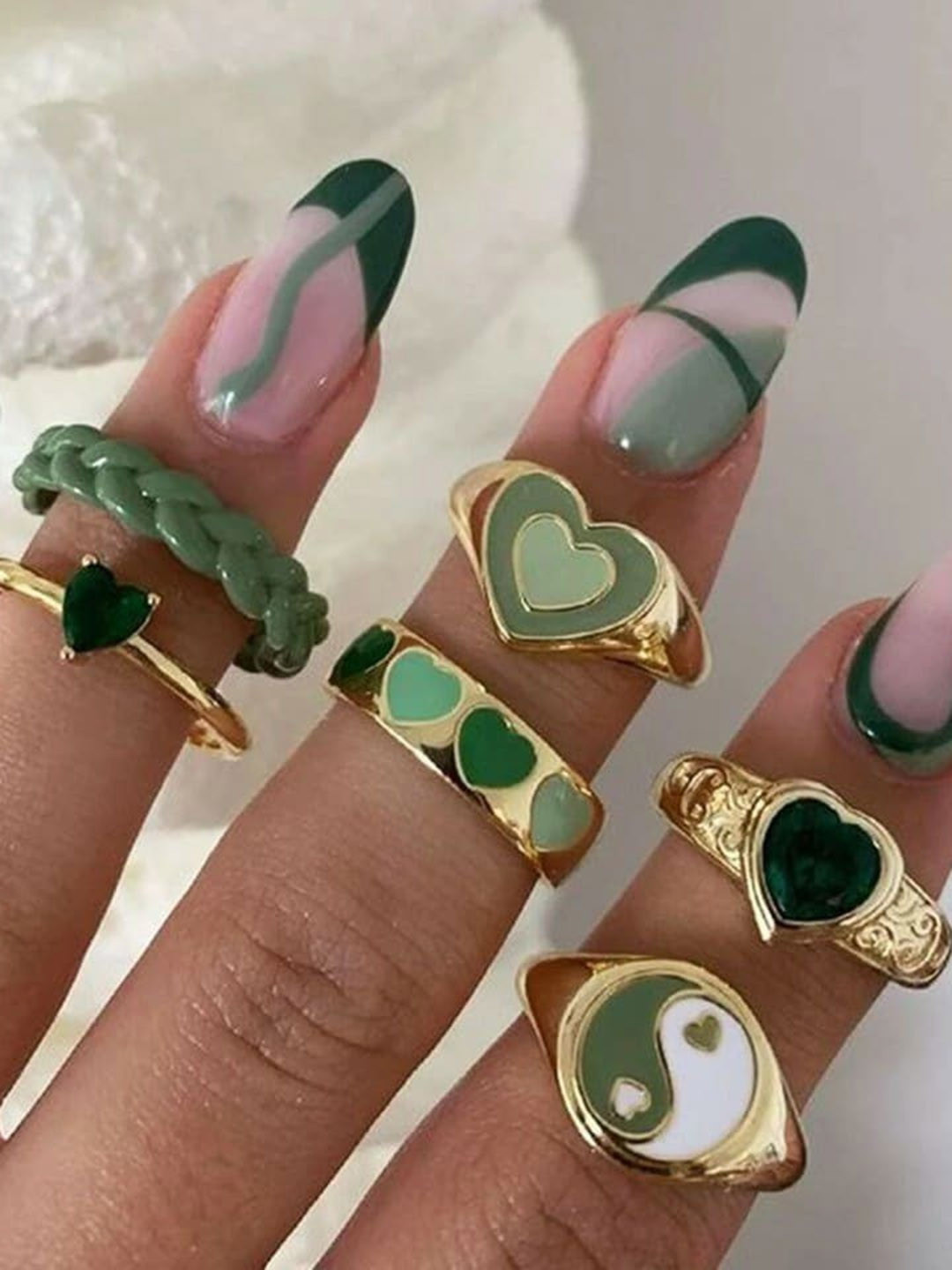 Arzonai Set of 6 Green Double Heart Yin Yang Metal Rings