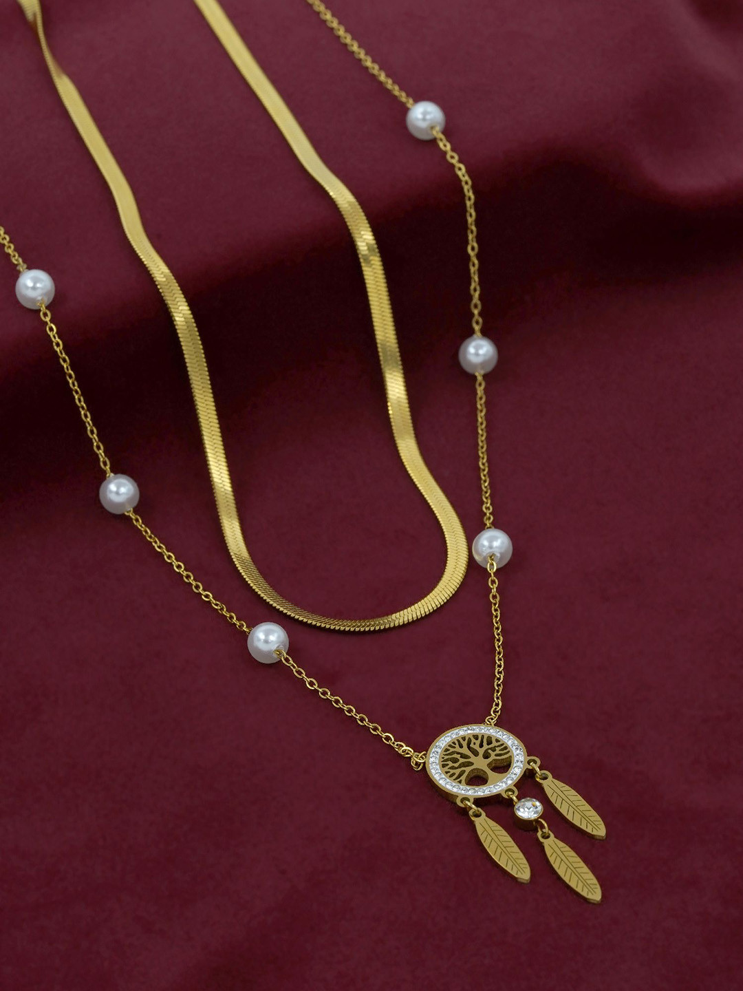 ARTKLIM Stainless Steel Gold-Plated Dreamcatcher Tree Of Life Layered Necklace