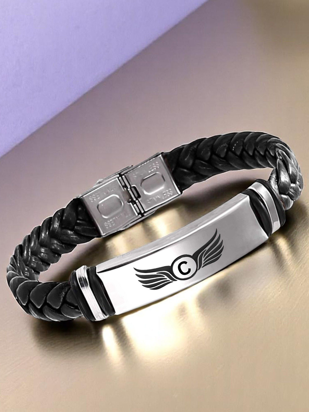 M Men Style C Letter Printed Stainless Steel & Braided Leather Wraparound Bracelet