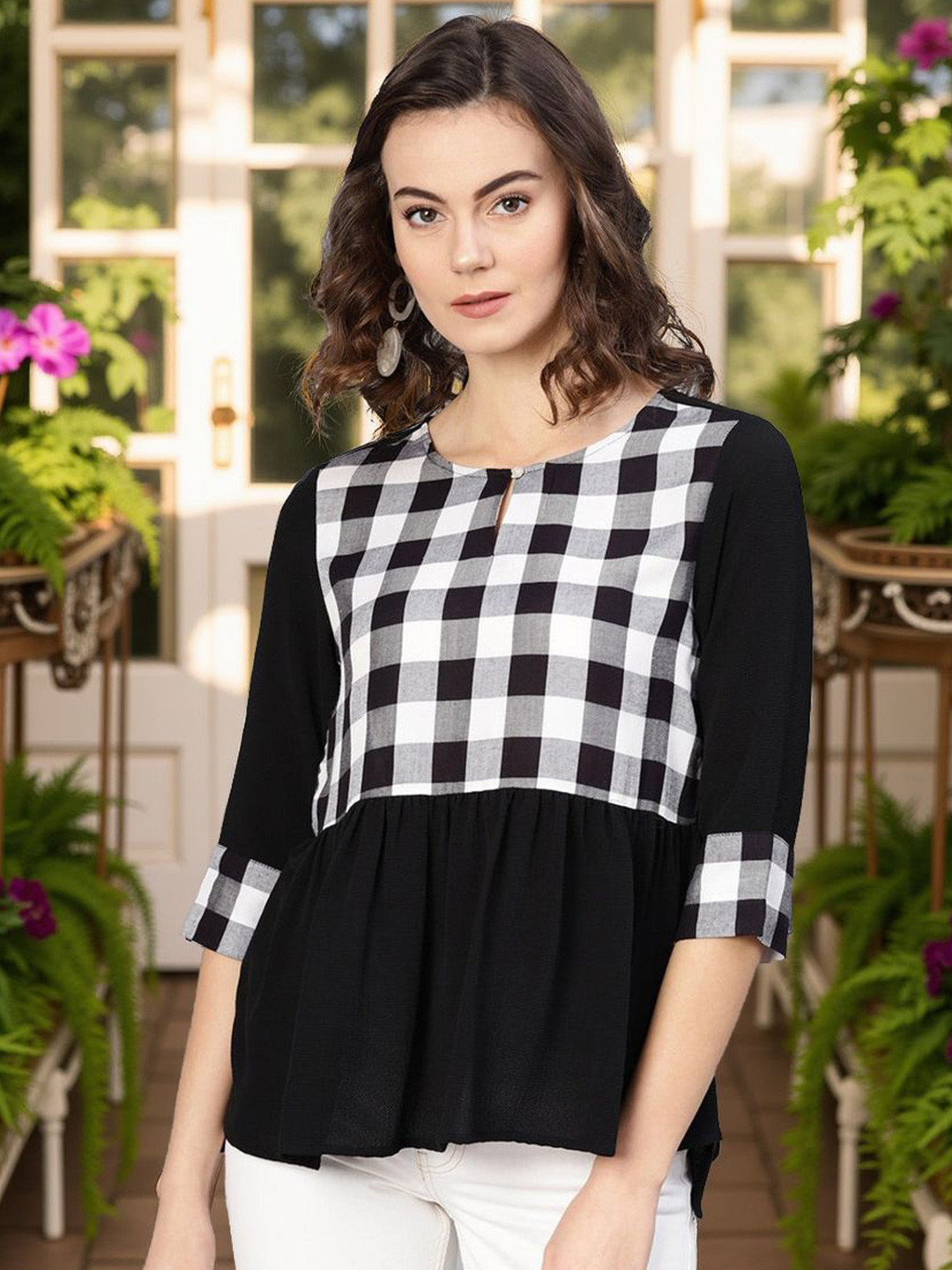 Pannkh Women's Checked Printed Keyhole Neck Gathered or Pleated Cuffed Sleeves A-Line Top