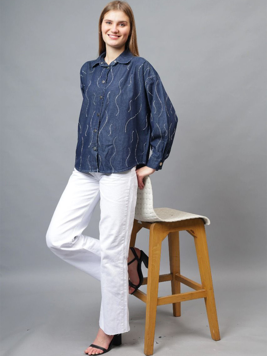 Fashion Gaiia Straight Wavy Shimmer Printed Denim Shirt