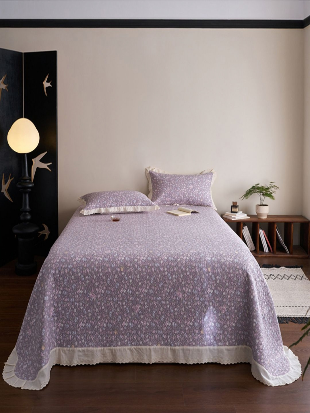 JC HOME Purple & Green Floral Printed Double Superking Bed Cover With Pillow Covers