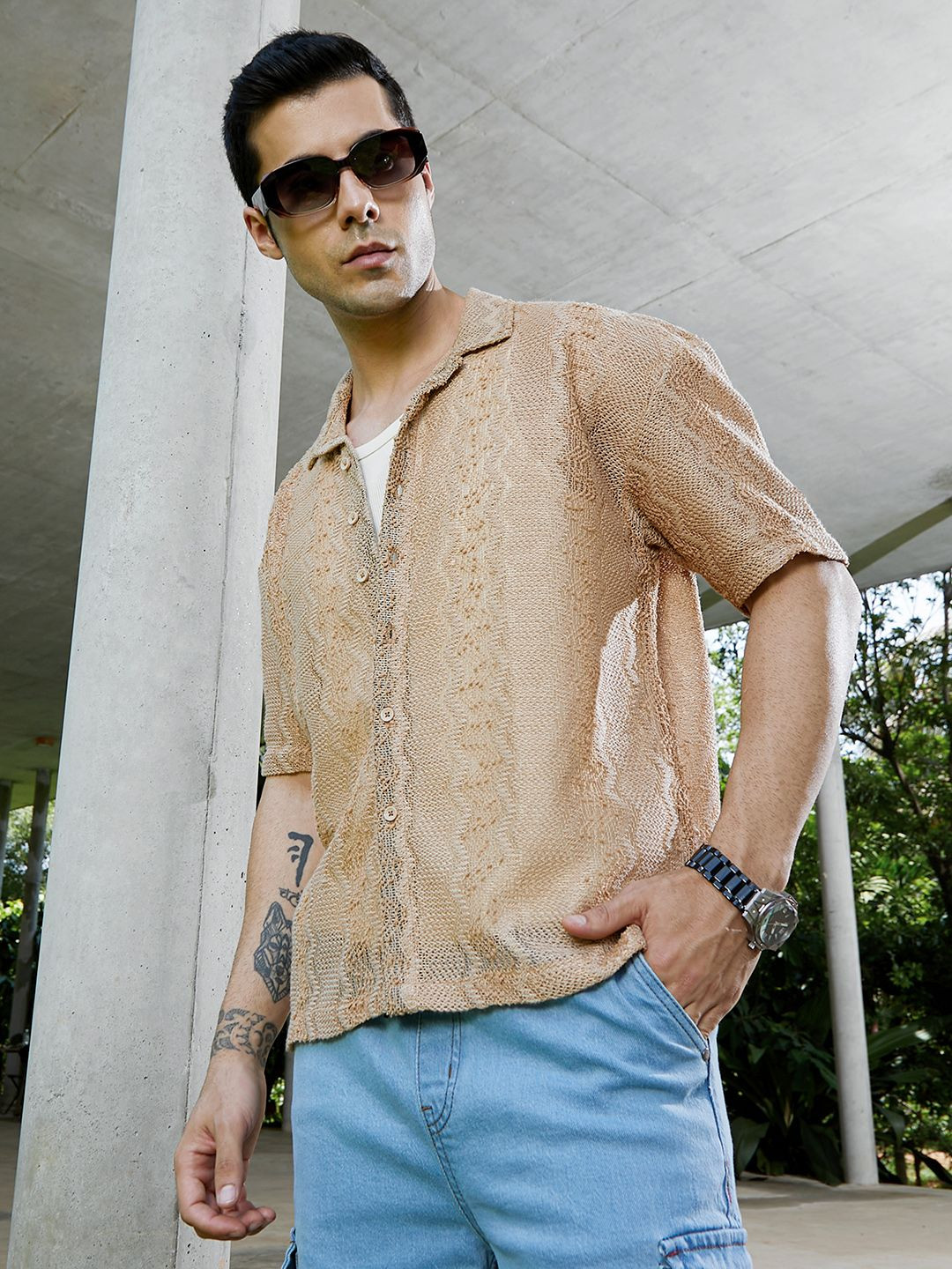 Campus Sutra Swirl Open-Knit Self Design Comfort Regular Fit Casual Shirt