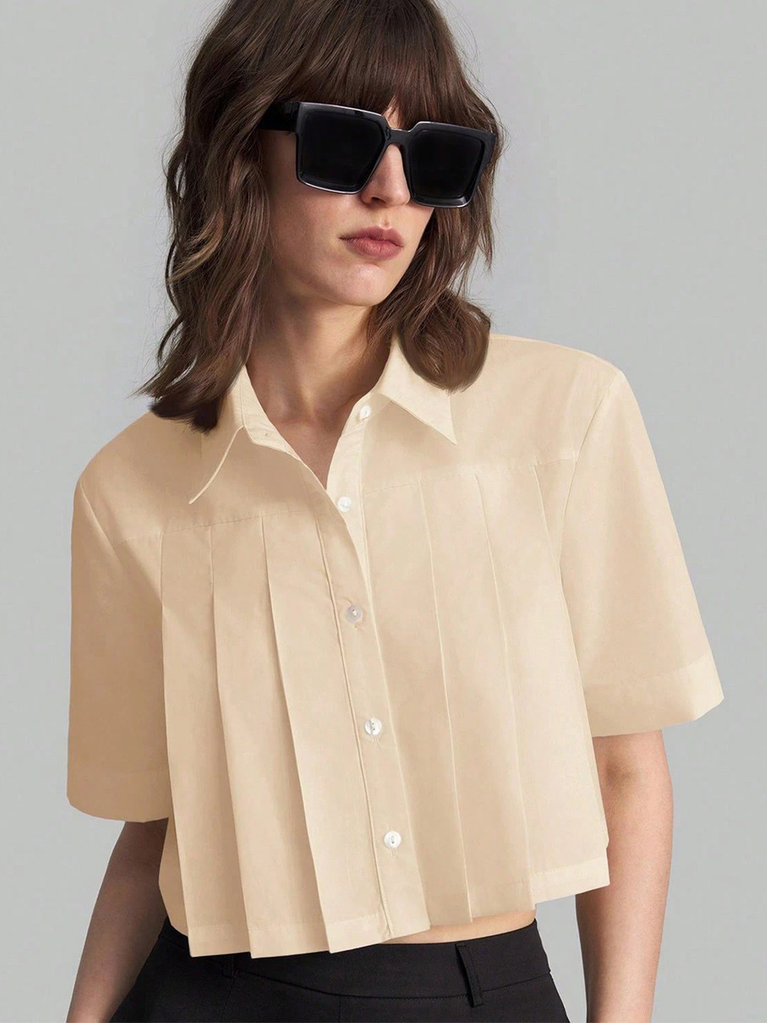 Chemistry Slim Fit Pleated Cropped Peplum Style Cotton Shirt