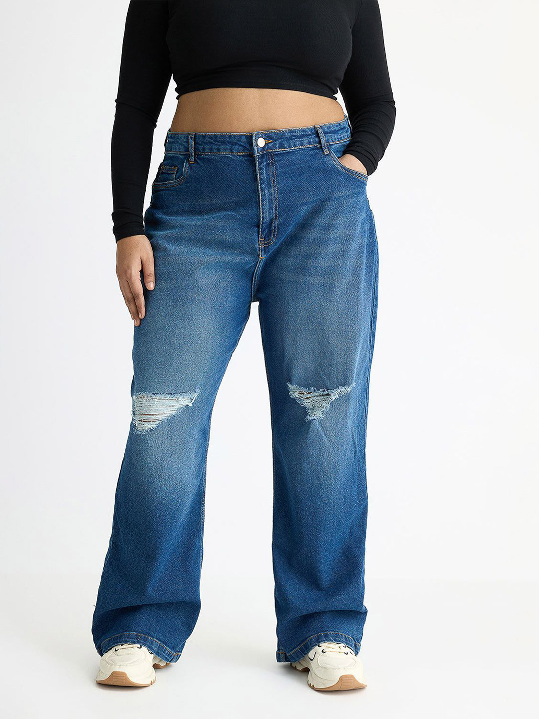 FREAKINS Vivid Blue Distressed Curve Wide Jeans