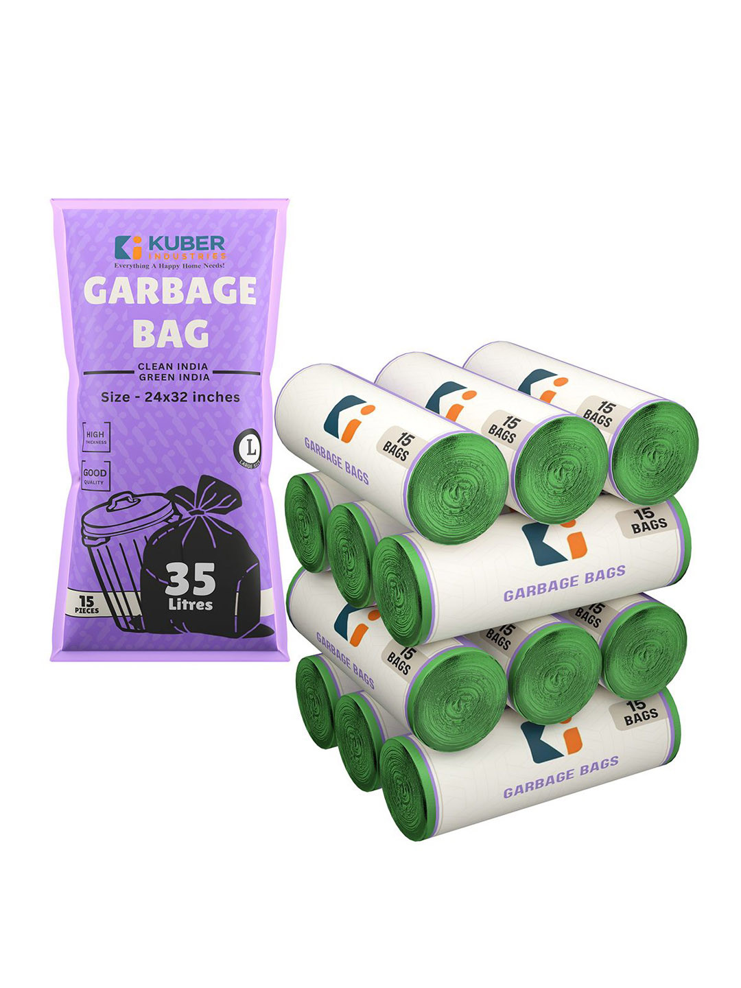 Kuber Industries 12-Pcs Green Premium Garbage Bags For Dustbin - 180 Bags
