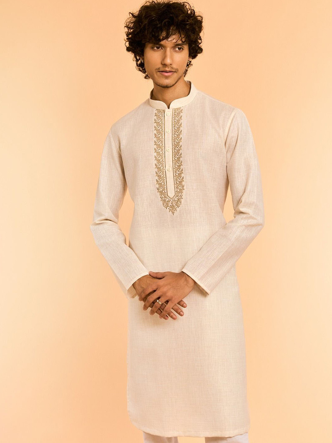 Diwas by Manyavar Floral Yoke Design Thread Work Mandarin Collar Cotton Straight Kurta