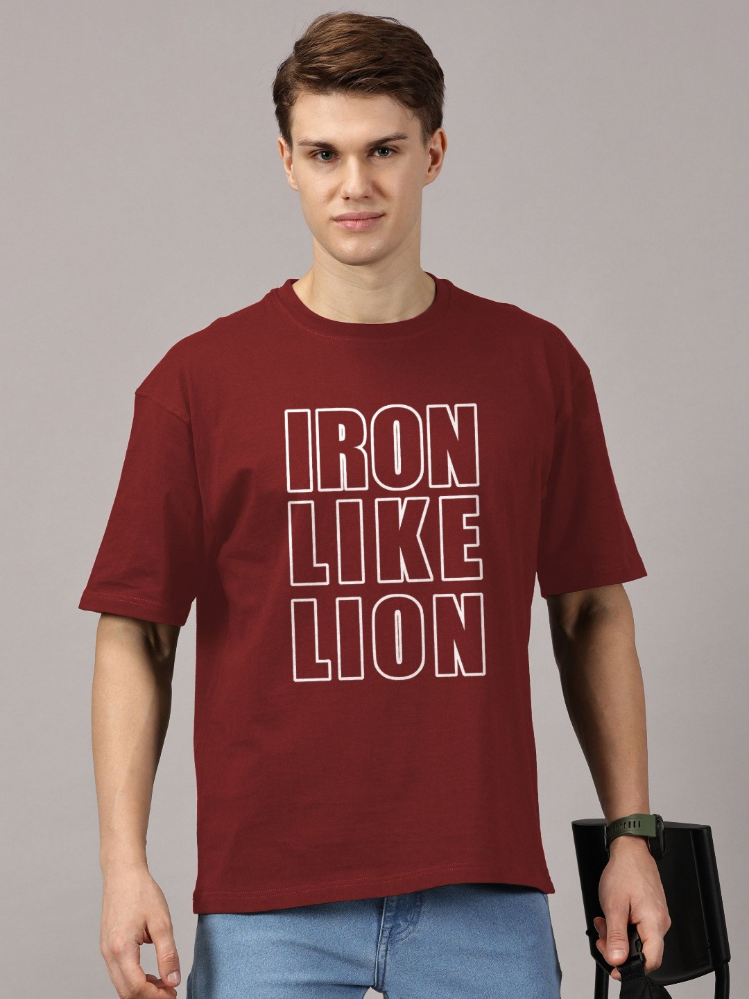 IRON LIKE LION Typography Printed Round Neck Oversized T-shirt
