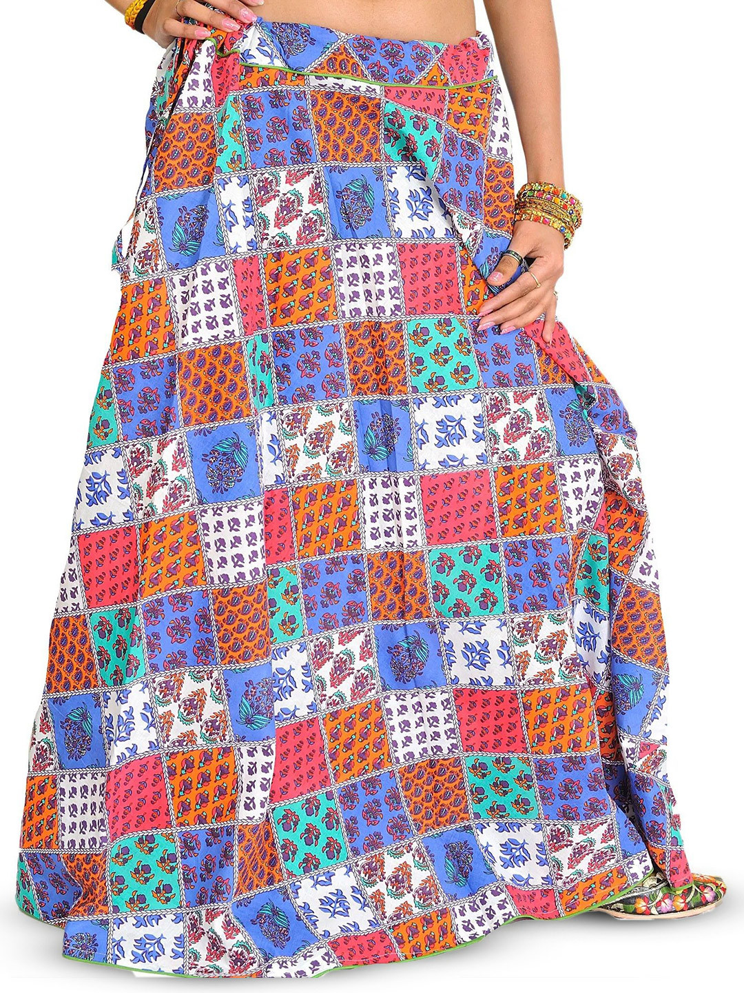 Exotic India Floral Printed Long Patchwork Skirt With Piping