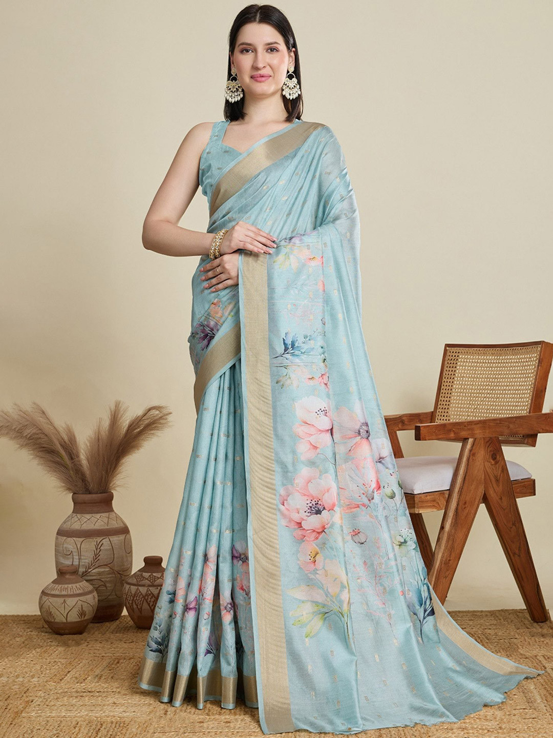 MySilkLove Woven Design Zari Sky Blue Cotton Saree