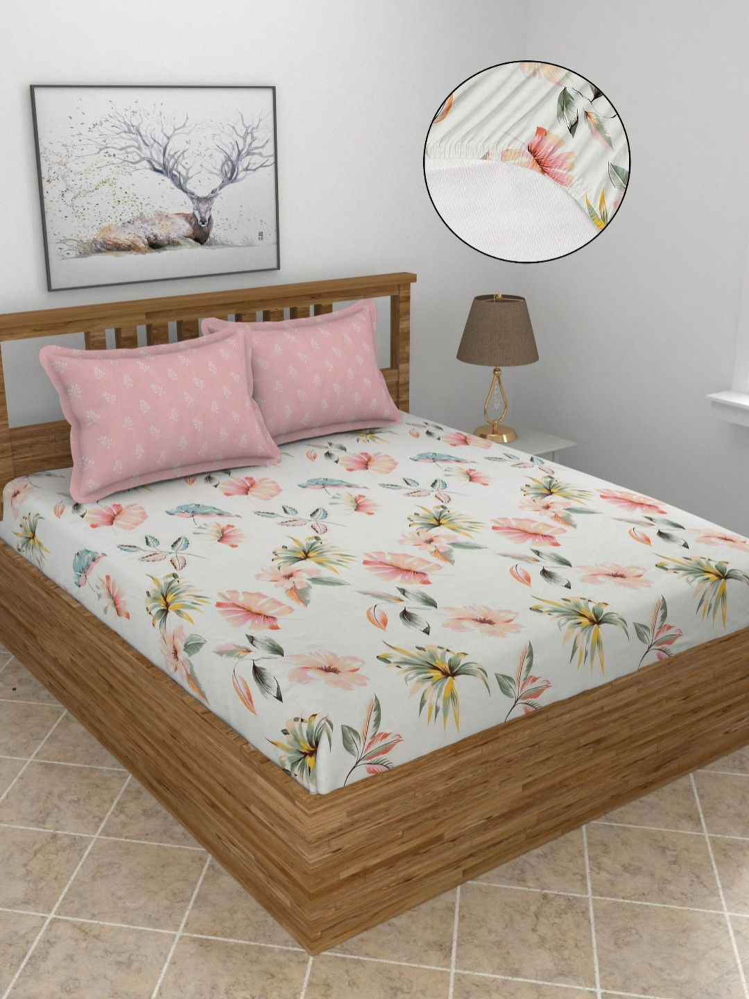 BREVARD Pinklupin White Floral Polycotton 210 TC Fitted Queen Superfine Bedsheet with 2 Pillow Covers-72 x 78 inches