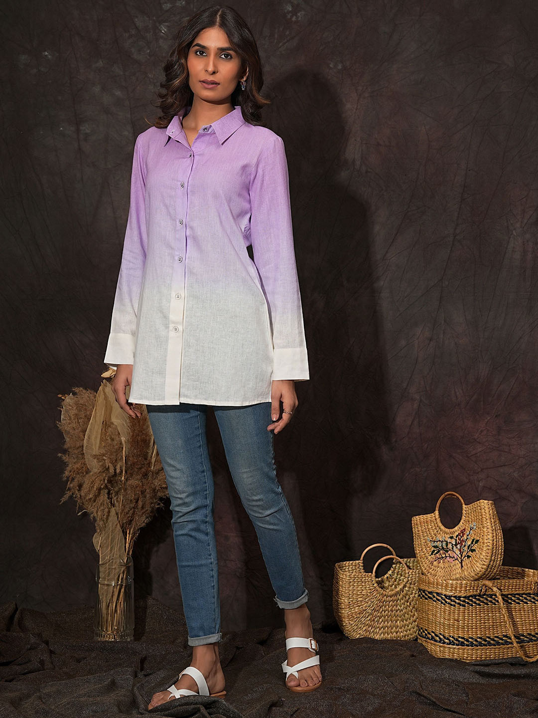 Golden Mirror Ombre Spread Collar Linen Casual Shirt