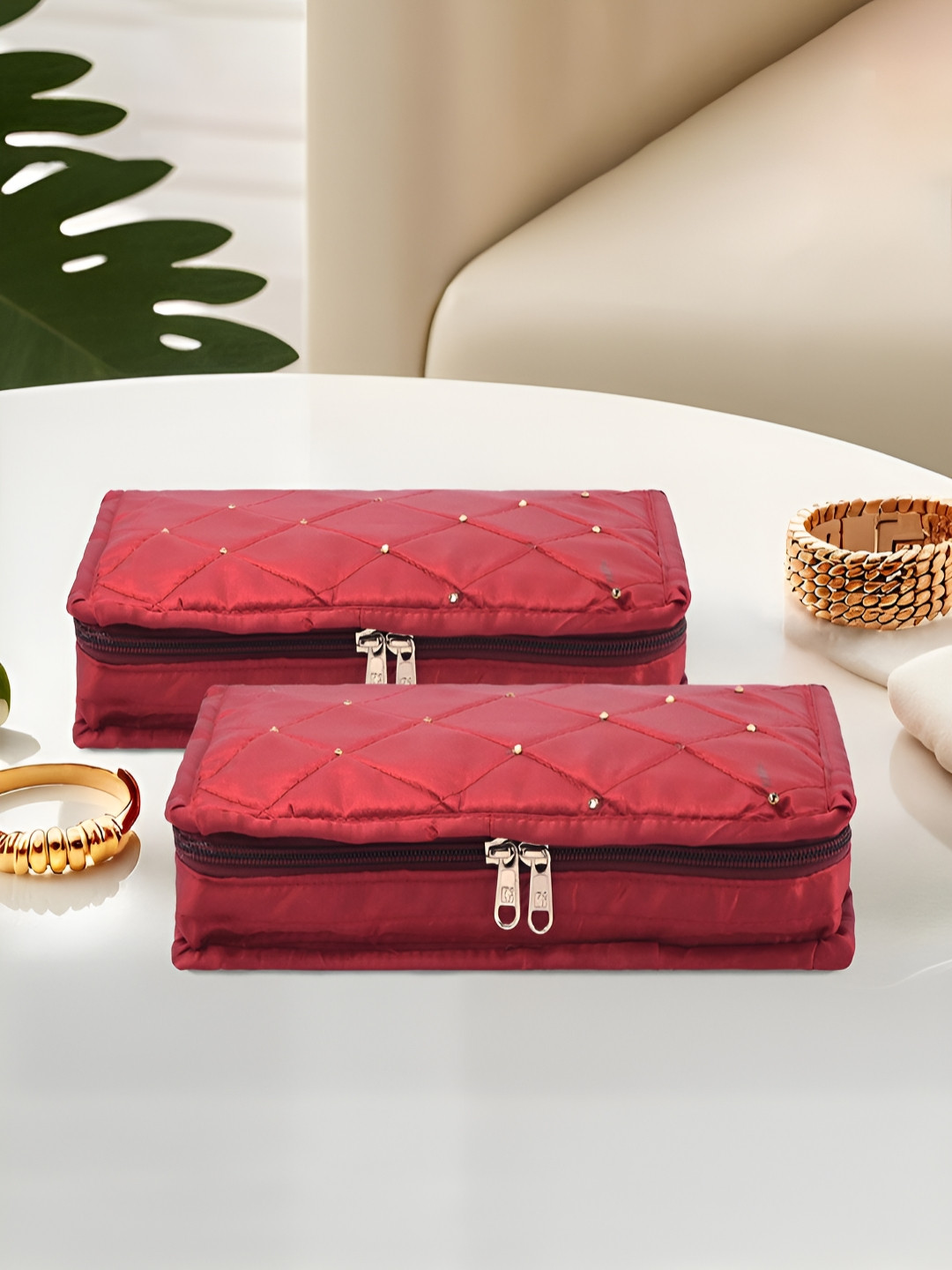 Aura Set of 2 Maroon Satin Large Jewellery Kit with 6 Pouche Jewellery Organiser