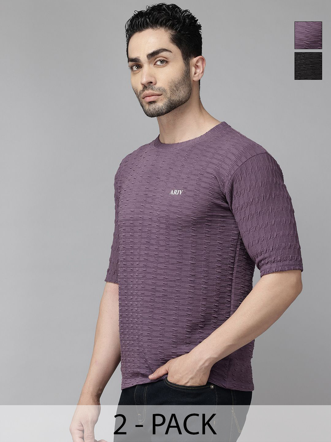 ATLANS Pack of 2 Self Design Round Neck Regular Fit T-shirt