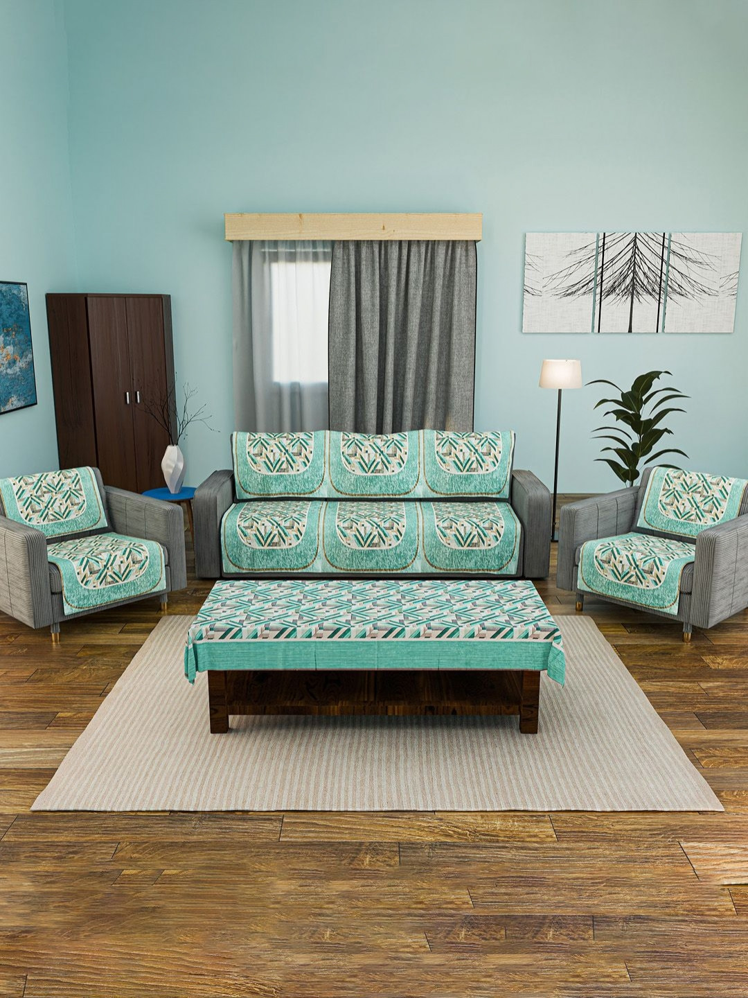 Aura Green & Beige Printed Sofa Cover 5 Seater and Centre Table Cover 4 Seater