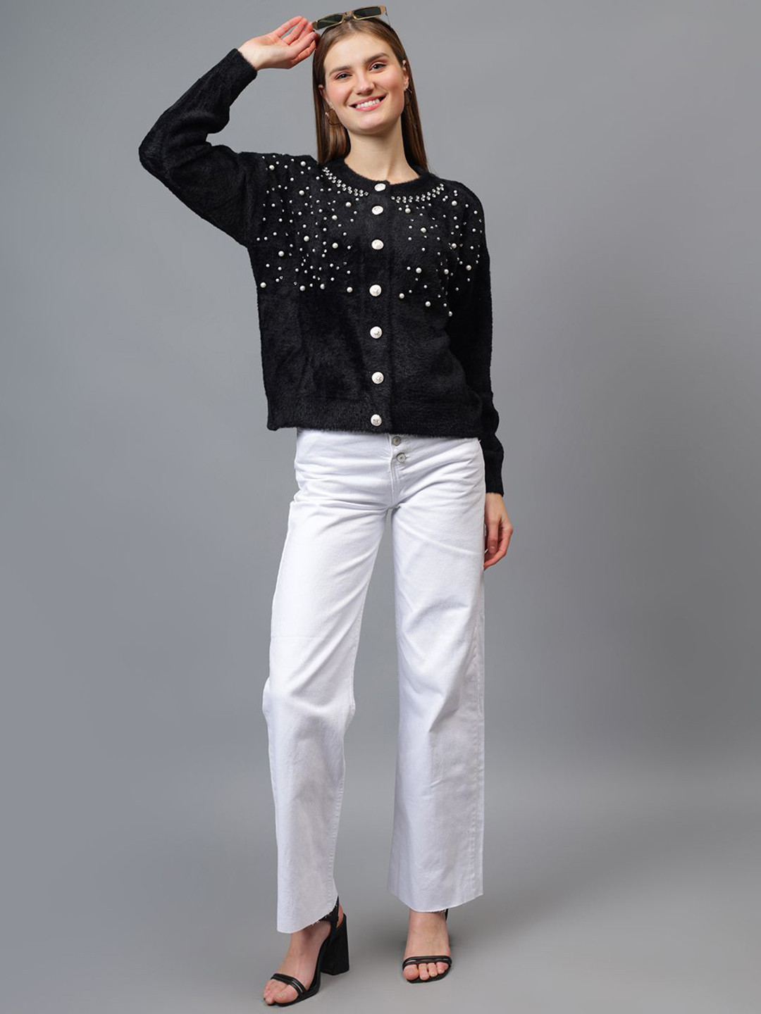 Fashion Gaiia Women Embroidered Studded  Cardigan