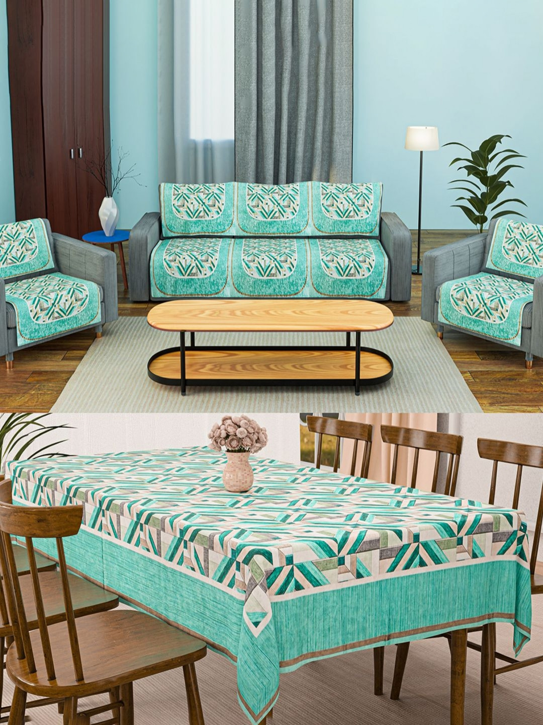 Aura 11 Pcs Set Green & Beige Velvet Sofa Cover 5 Seater and Dining Table Cover 6 Seater