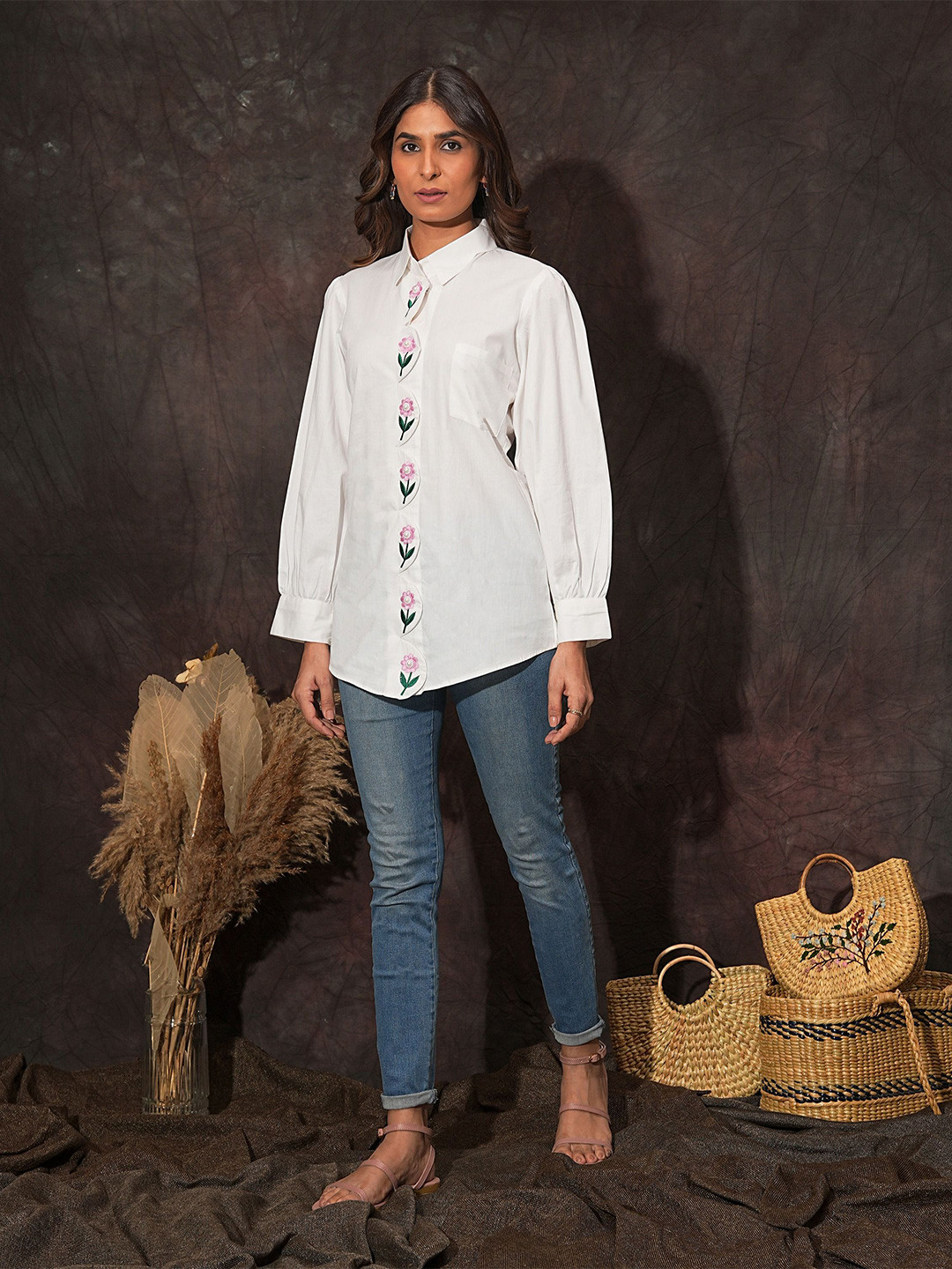 Golden Mirror Floral Embroidered Spread Collar Cotton Casual Shirt