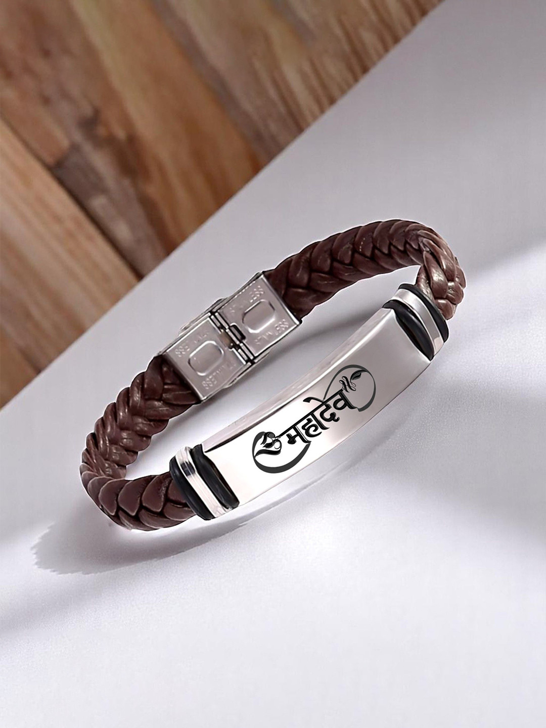 M Men Style Mahadev Printed Stainless Steel & Braided Leather Wraparound Bracelet