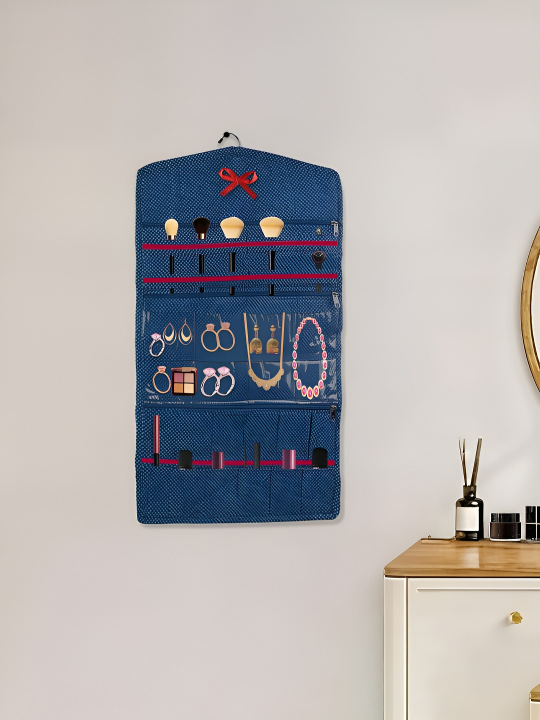 Aura Blue Cotton Hanging Jewellery Organizer Storage Bag with Zip