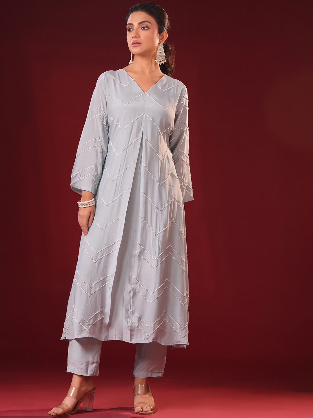 ORAT Chevron Embroidered Beads And Stones A-Line Kurta With Trouser