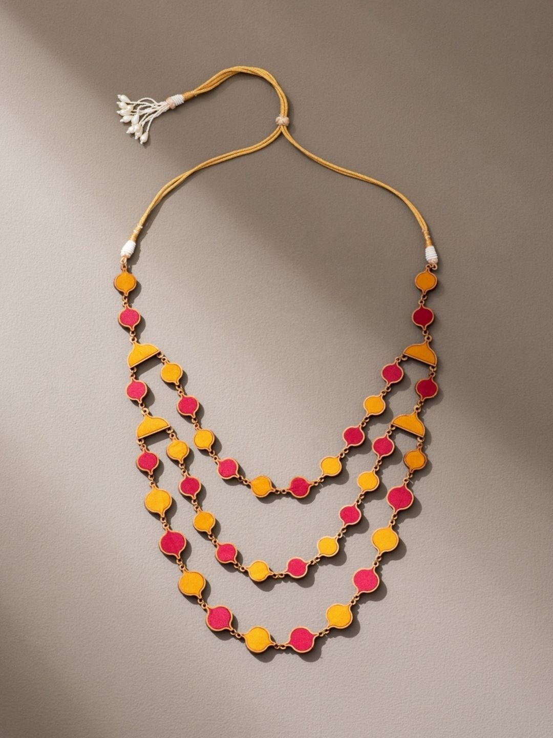 WHE Brass Upcycled Fabric And Repurposed Wood Elaborate Necklace