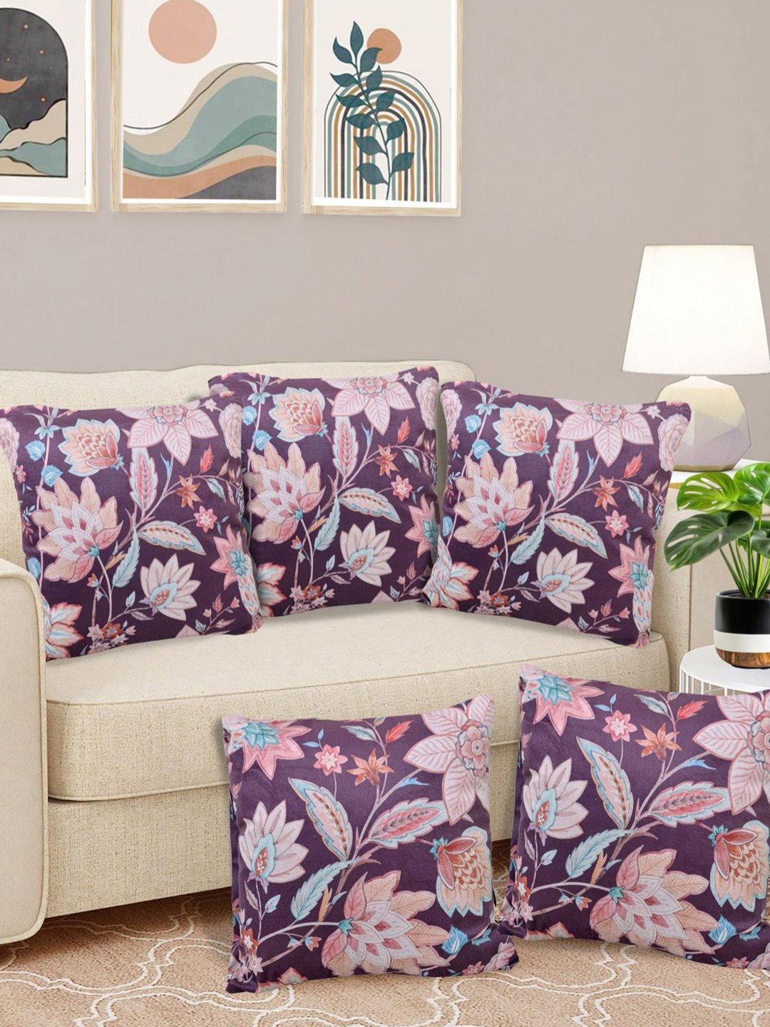 Myntra Elegant Homes Floral Purple Floral Velvet Reversible 5 Pcs Cushion Covers -16x16In