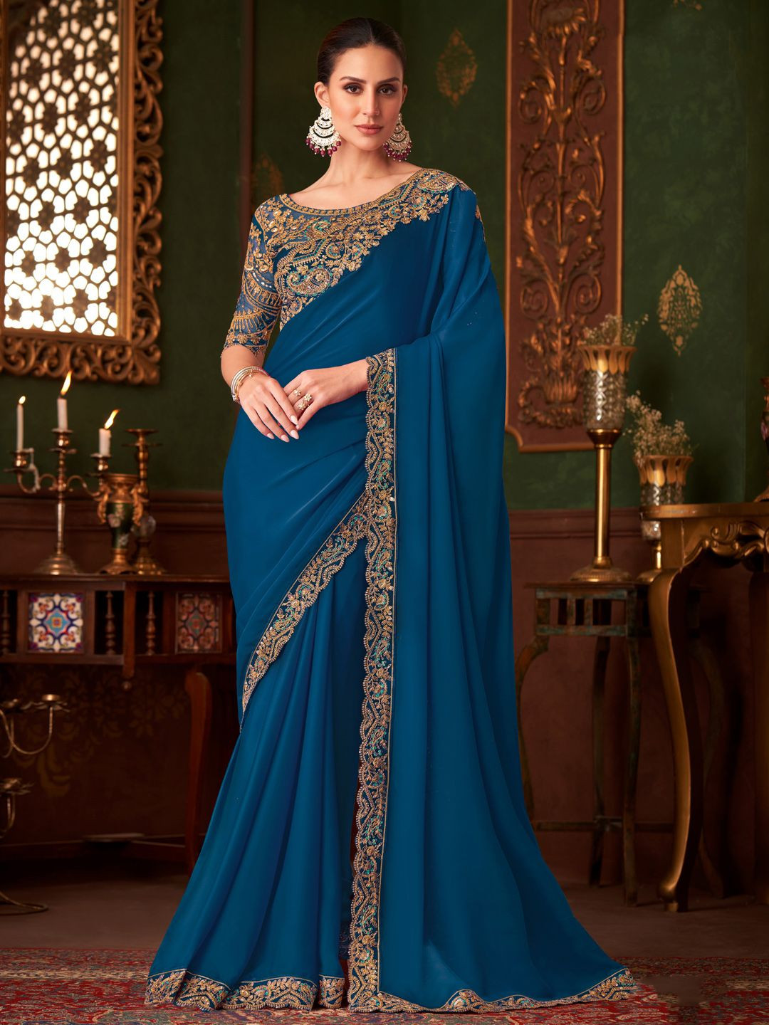 Mitera Sequinned Satin Saree with Matching Blouse Piece