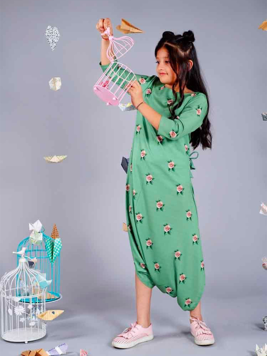 Pasha Girls Seafoam Green Printed Culotte Dhoti Jumpsuit