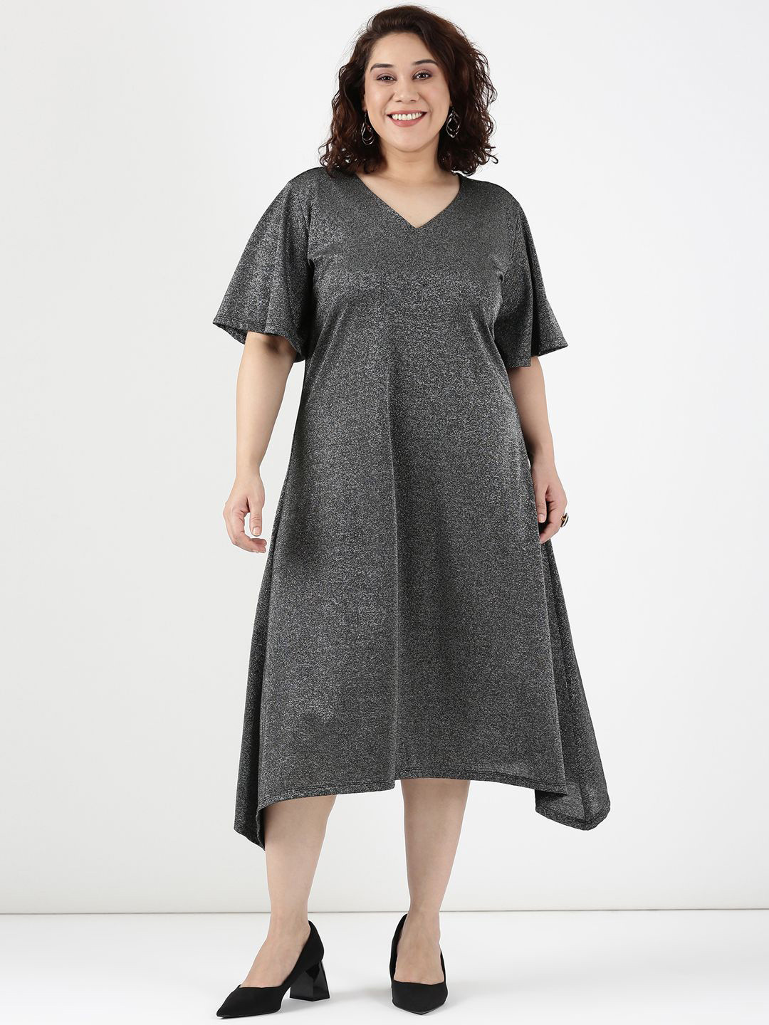 The Pink Moon Women Black Shimmer Self Design Bell Sleeve A-Line Midi Dress