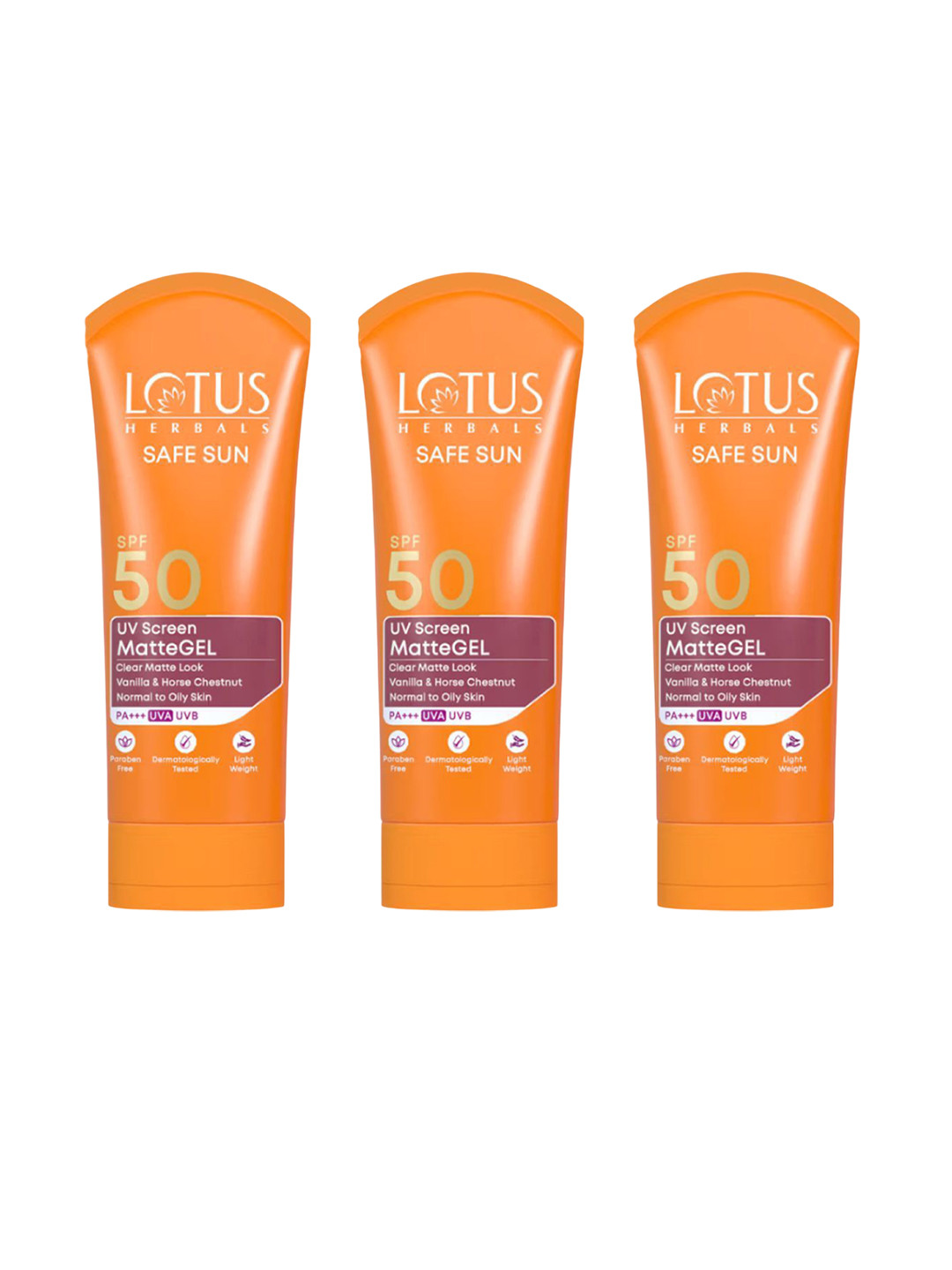 Lotus Herbals Set Of 3 Safe Sun SPF 50 UV Screen Matte Gel - 50 g Each