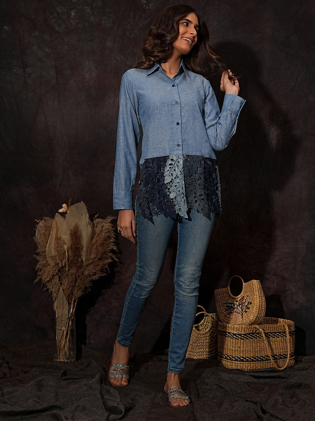 Golden Mirror Lace Inserts Casual Shirt