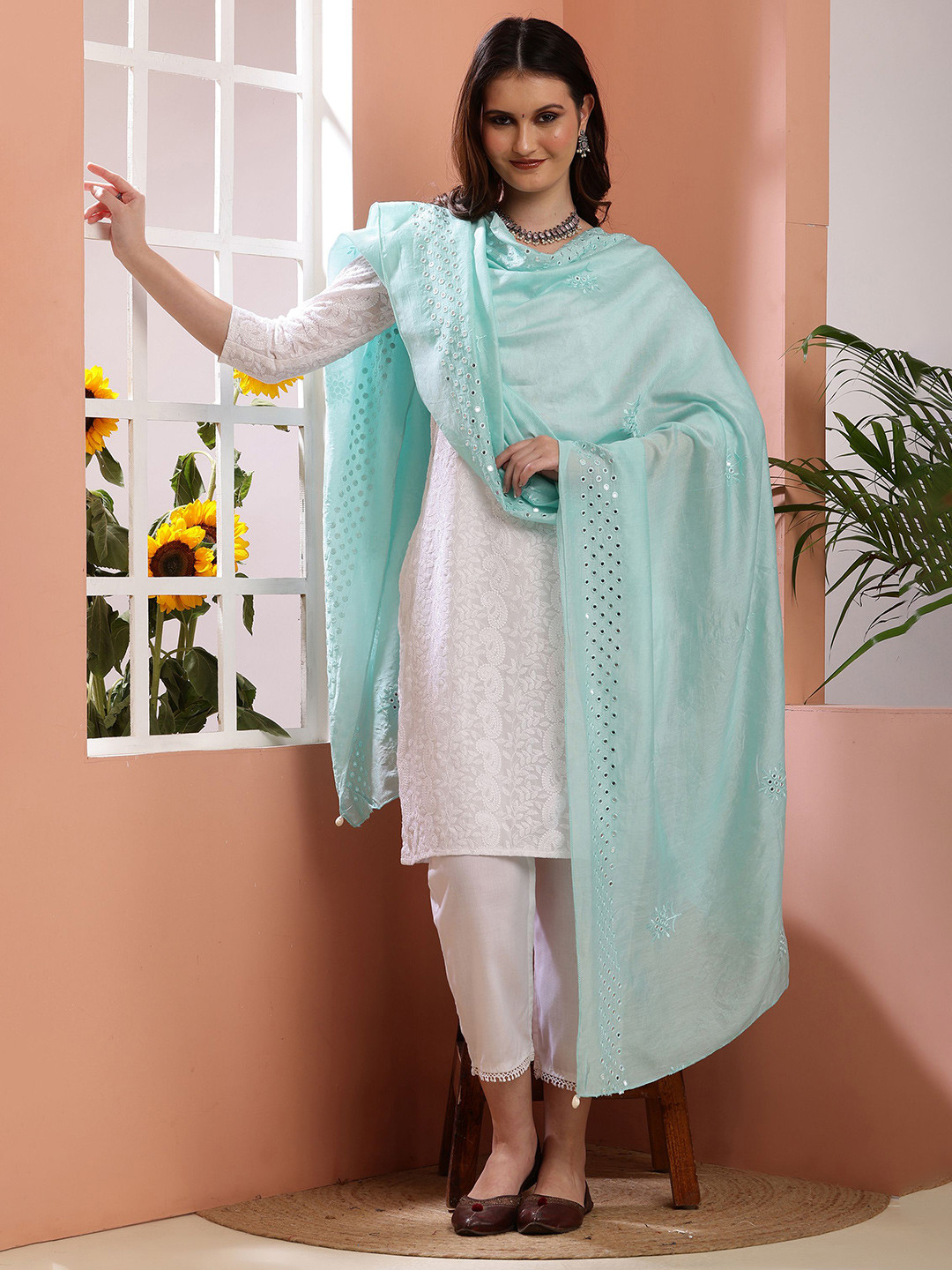 Bunkraft Embroidered Cotton Silk Dupatta With Mirror Work