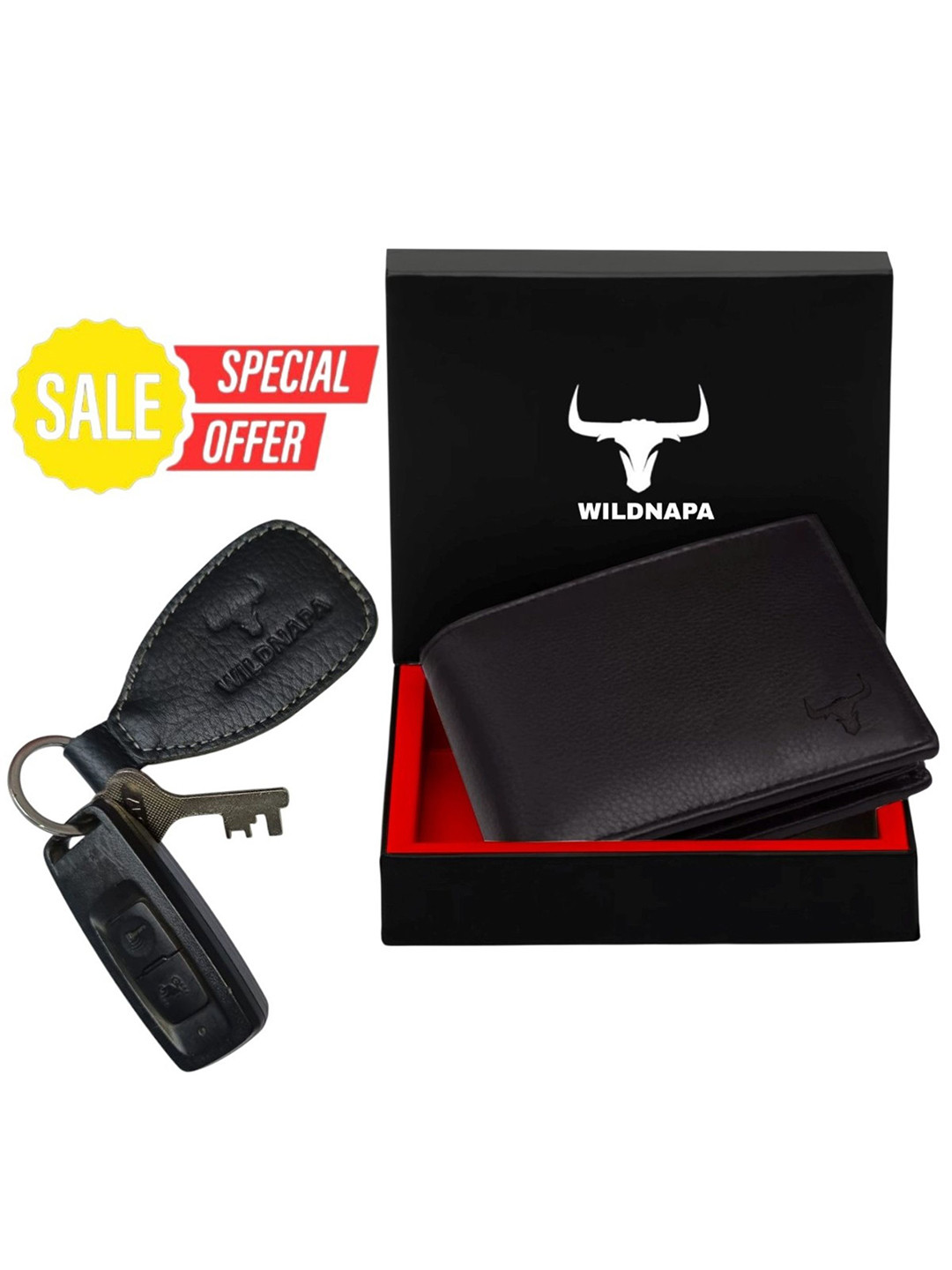 WILDNAPA Men Pack of 2 Leather Wallet With Key Chain