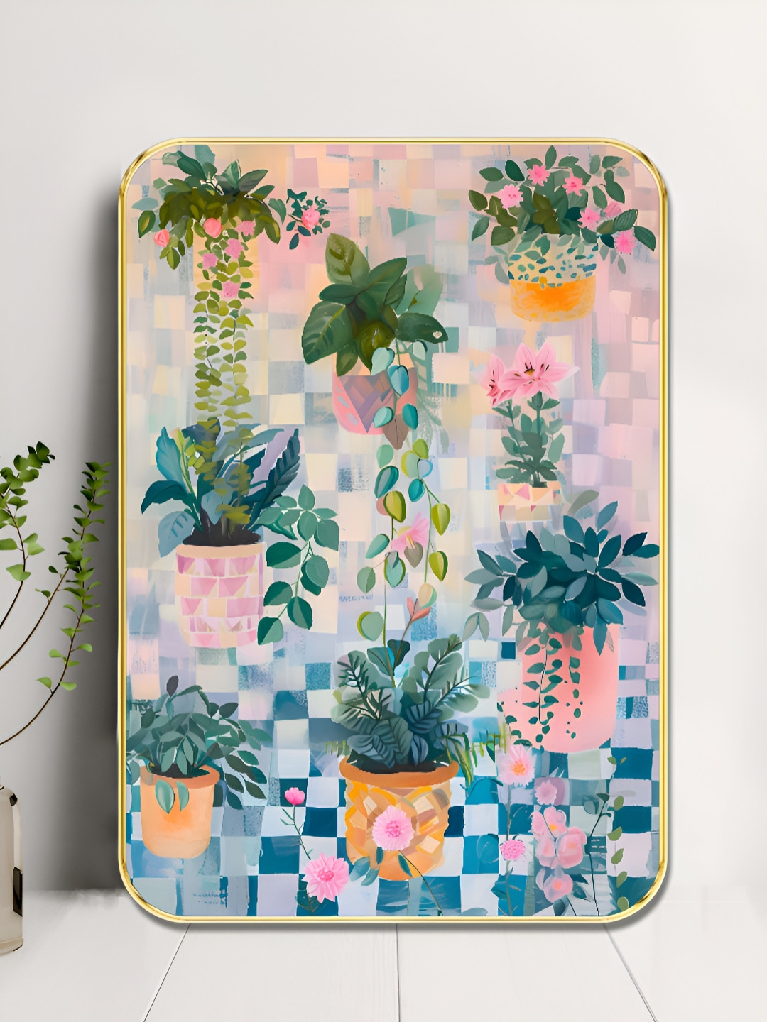 Myntra Elegant Homes Blue & Green Wood Boho Hanging Plants Sparkle Wall Art