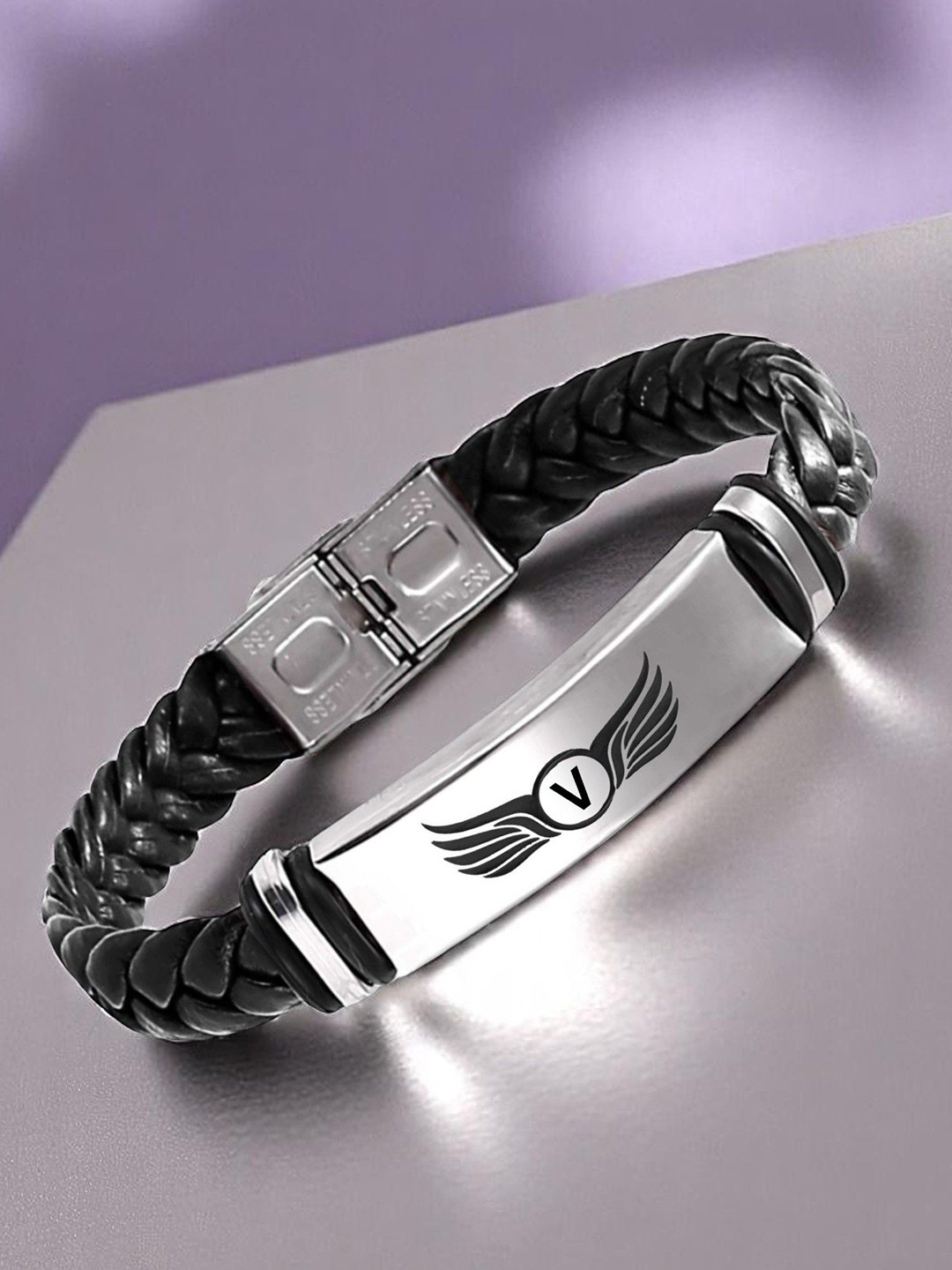 M Men Style V Letter Printed Stainless Steel & Braided Leather Wraparound Bracelet