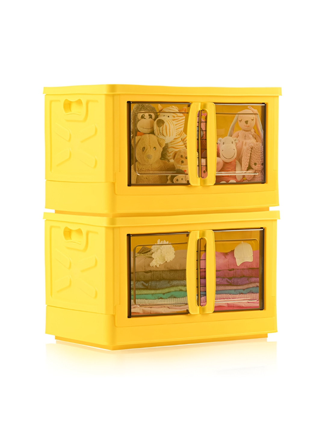 Aura Yellow 2 Units Collapsible & Stackable Plastic Storage Box with Lid Drawer Organiser